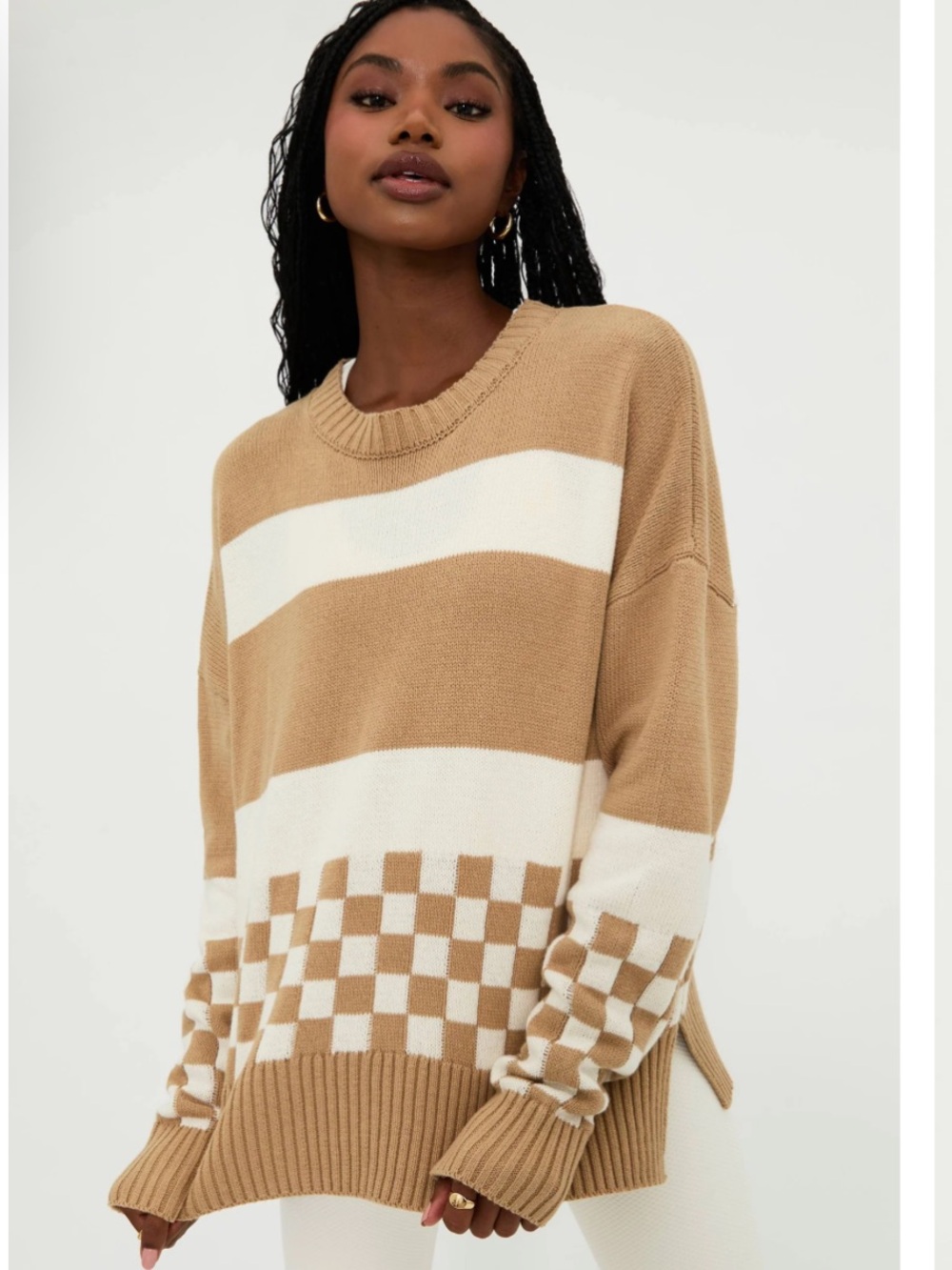 Beach Riot Callie Sweater Taupe Check Knit Crewneck Sweater